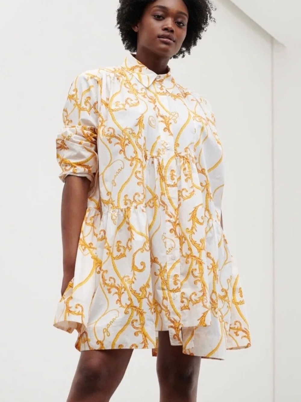 Ganni Rope Printed Poplin Gathered Mini Shirt Dress